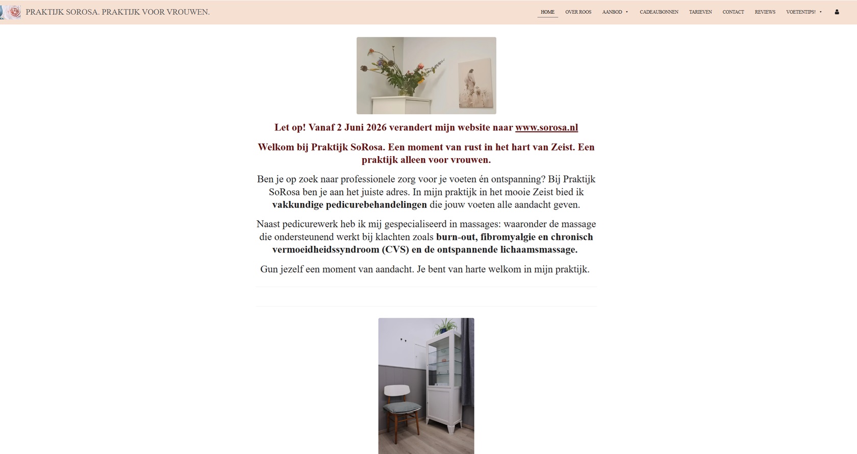 Oude homepage Praktijk SoRosa voor redesign