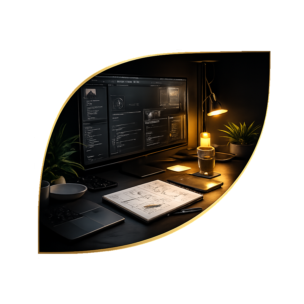 Luxe webdesign werkplek met scherm, schetsboek en warme belichting